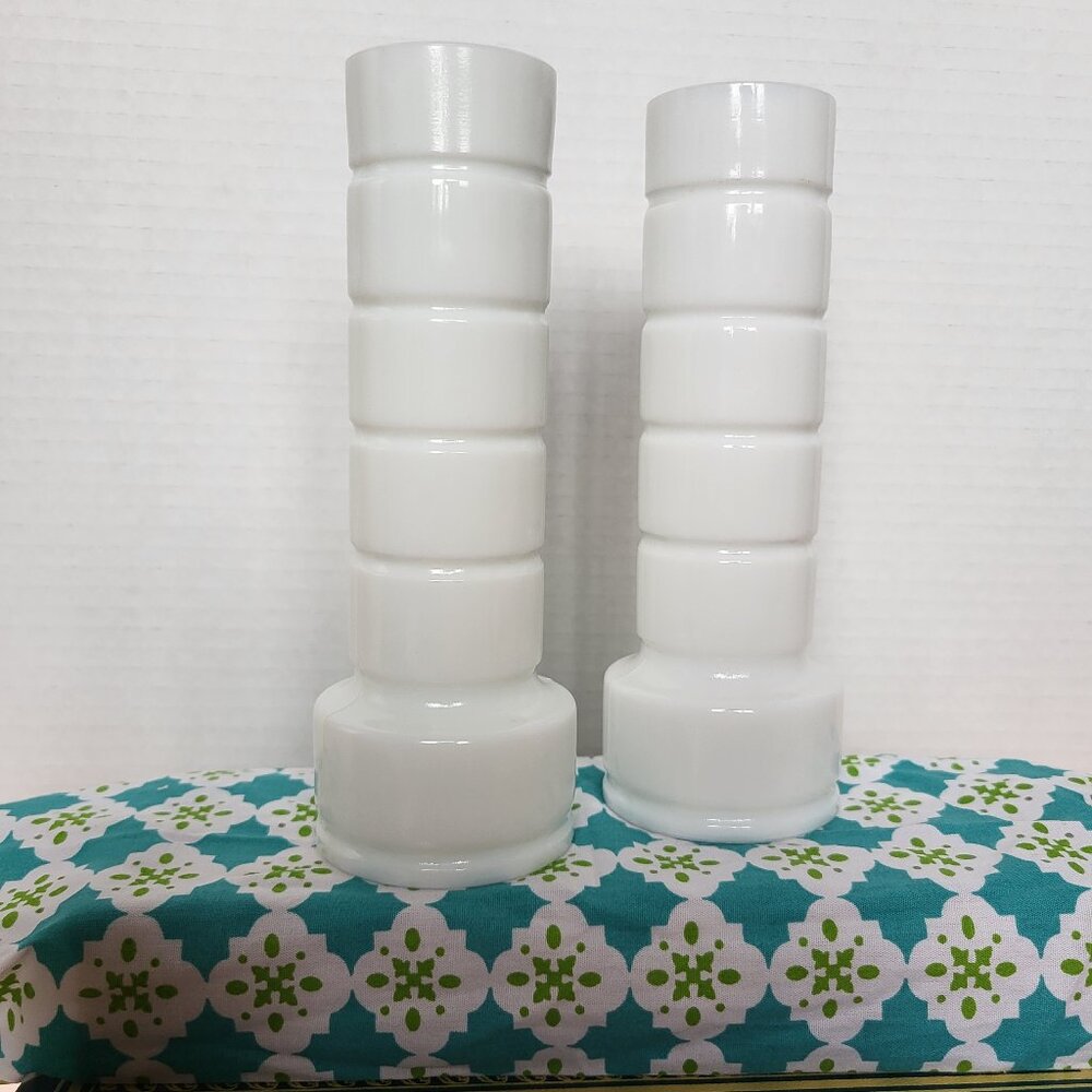 2 Vintage Milk Glass Stars and Bars Vase, Ribbed Bud Vase